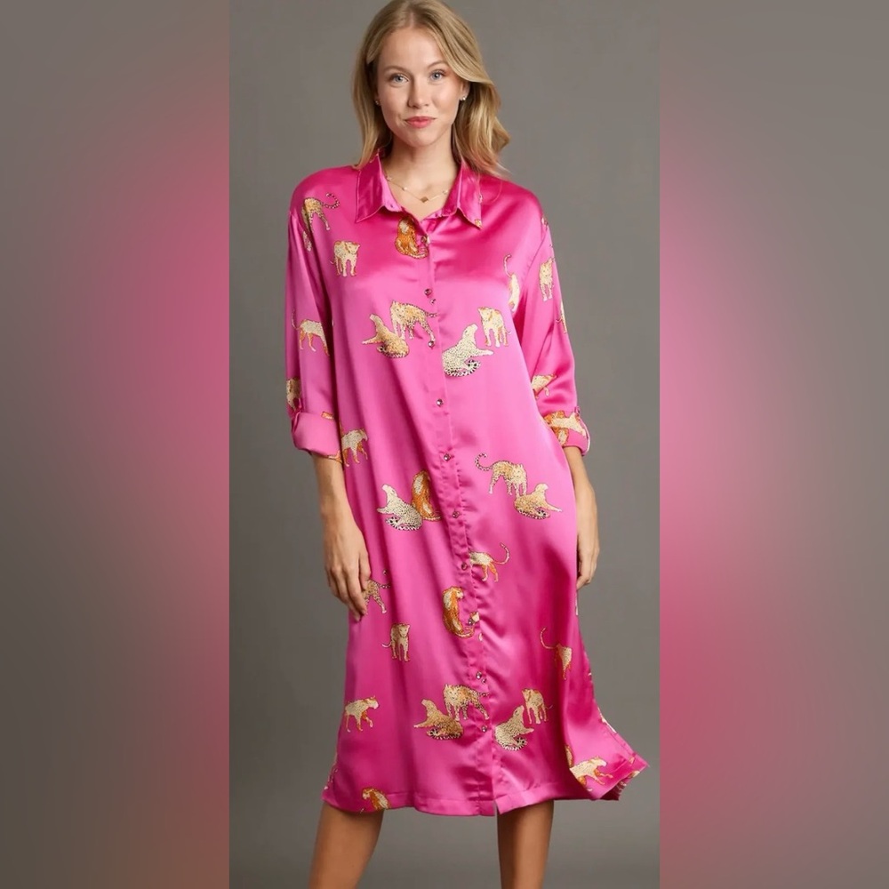 Umgee Pink Midi Dress With Animal Print